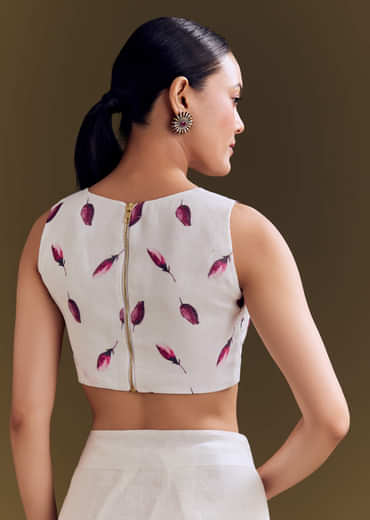 Off White Cotton Linen Saree With Artistic Floral Print