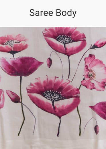 Off White Cotton Linen Saree With Artistic Floral Print