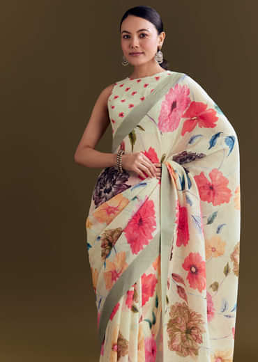 Pista Cotton Linen Saree With Multicolor Florals
