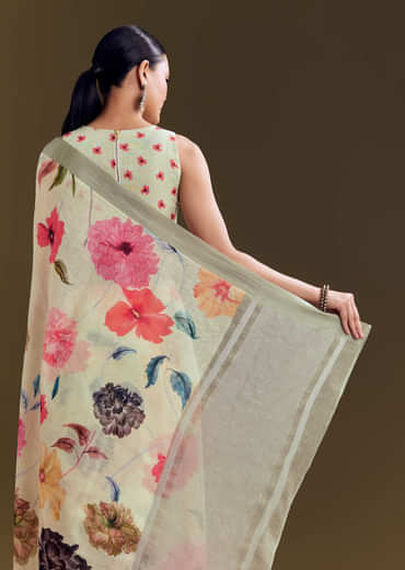 Pista Cotton Linen Saree With Multicolor Florals