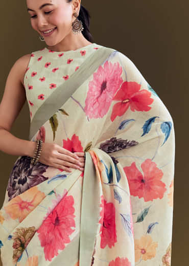 Pista Cotton Linen Saree With Multicolor Florals