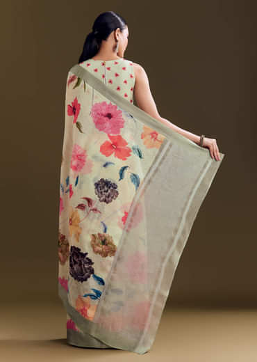 Pista Cotton Linen Saree With Multicolor Florals