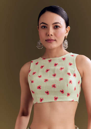 Pista Cotton Linen Saree With Multicolor Florals