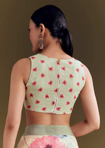 Pista Cotton Linen Saree With Multicolor Florals