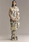 Off White Crepe Saree With Black Floral Print And Embroidered Border