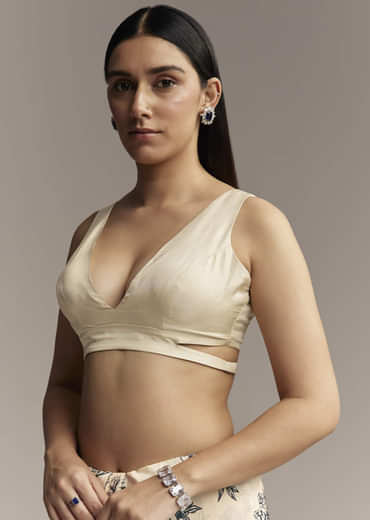 Off White Crepe Saree With Black Floral Print And Embroidered Border