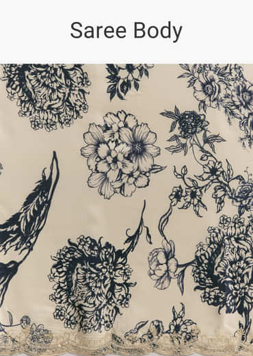 Off White Crepe Saree With Black Floral Print And Embroidered Border