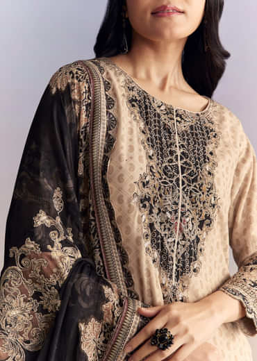 Off White Crepe Sharara Suit With Paisley Print And Contrast Dupatta