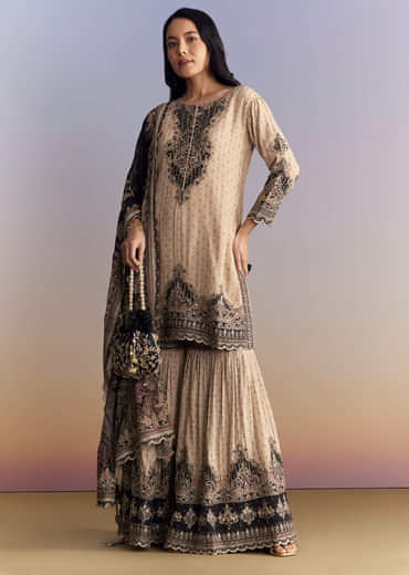 Off White Crepe Sharara Suit With Paisley Print And Contrast Dupatta