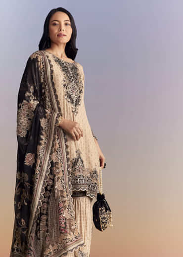 Off White Crepe Sharara Suit With Paisley Print And Contrast Dupatta