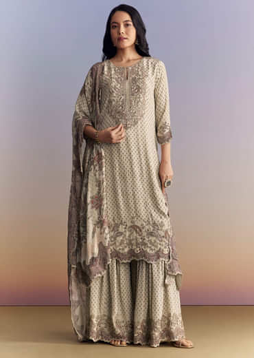 Off White Crepe Sharara Suit With Paisley Print