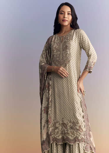 Off White Crepe Sharara Suit With Paisley Print