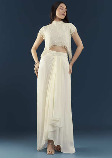 Off White Embellished Crop Top and Skirt Set