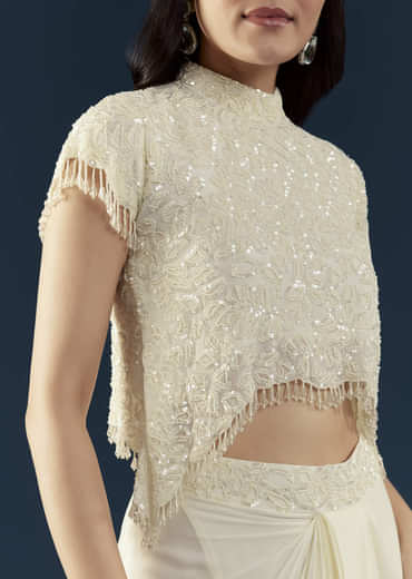 Off White Embellished Crop Top and Skirt Set