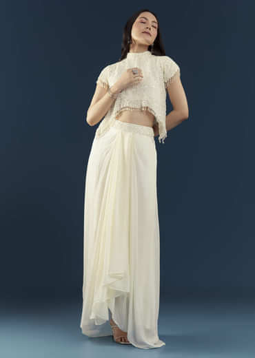 Off White Embellished Crop Top and Skirt Set