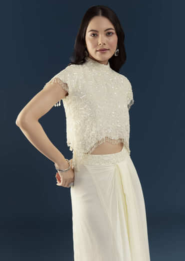Off White Embellished Crop Top and Skirt Set