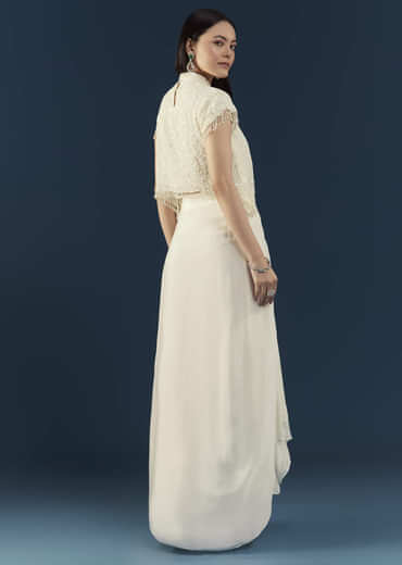 Off White Embellished Crop Top and Skirt Set