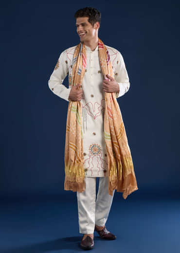 Off White Embroidered Mens Kurta Set with Bandhani Print Dupatta