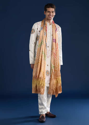 Off White Embroidered Mens Kurta Set with Bandhani Print Dupatta