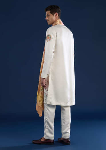 Off White Embroidered Mens Kurta Set with Bandhani Print Dupatta