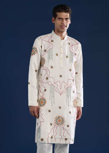 Off White Embroidered Mens Kurta Set with Bandhani Print Dupatta