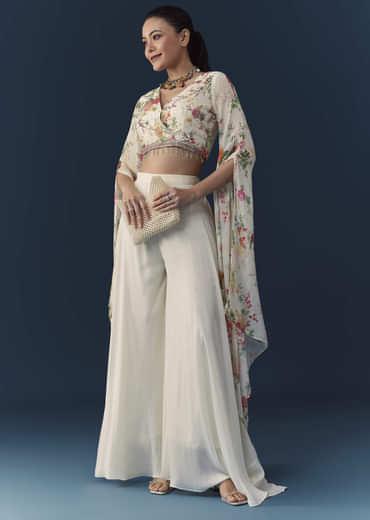 Off White Floral Print Crop Top Palazzo Set with Cutdana