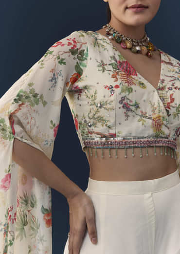 Off White Floral Print Crop Top Palazzo Set with Cutdana
