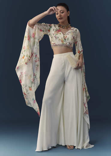 Off White Floral Print Crop Top Palazzo Set with Cutdana