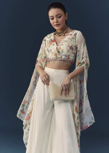 Off White Floral Print Crop Top Palazzo Set with Cutdana