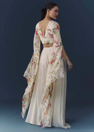 Off White Floral Print Crop Top Palazzo Set with Cutdana