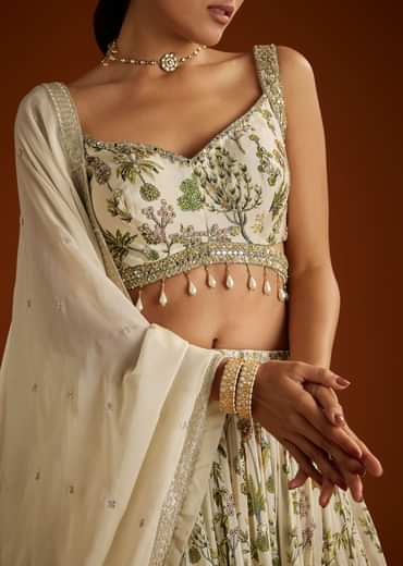 Off White Floral Printed Lehenga Choli With Butti Work Dupatta