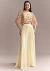 Off White Georgette Crop Top And Palazzo Set With Embroidered Cape