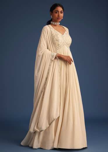 Off White Georgette Embellished Anarkali With Dupatta