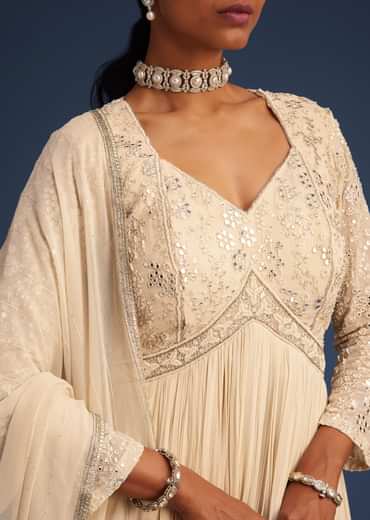 Off White Georgette Embellished Anarkali With Dupatta