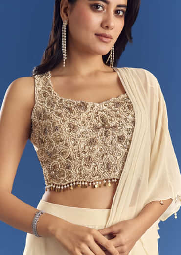 Off White Georgette Pre Draped Saree With Moti Zardosi Work