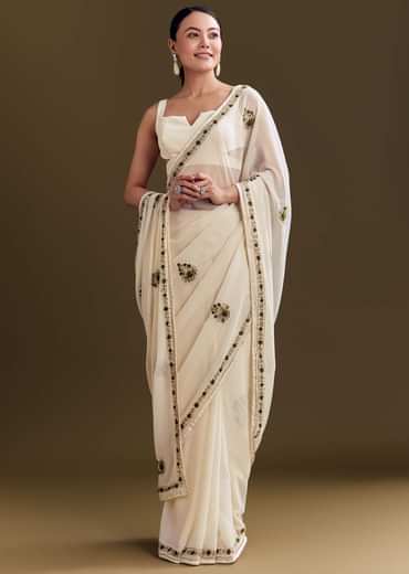 Off White Georgette Saree With Kashmiri Floral Embroidery