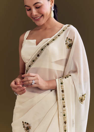 Off White Georgette Saree With Kashmiri Floral Embroidery