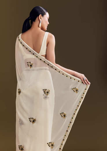 Off White Georgette Saree With Kashmiri Floral Embroidery