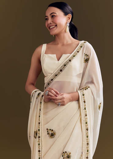Off White Georgette Saree With Kashmiri Floral Embroidery
