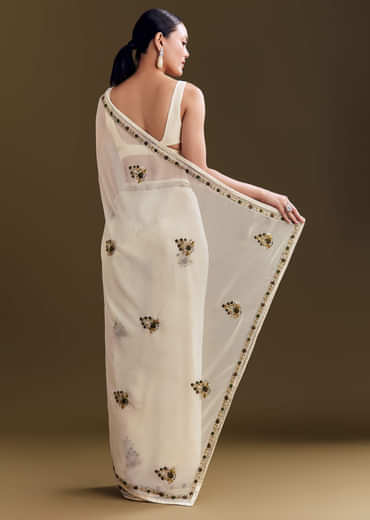 Off White Georgette Saree With Kashmiri Floral Embroidery