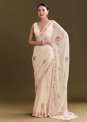 Off White Georgette Saree With Kashmiri Thread Buds