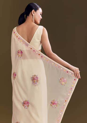 Off White Georgette Saree With Kashmiri Thread Buds