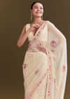 Off White Georgette Saree With Kashmiri Thread Buds