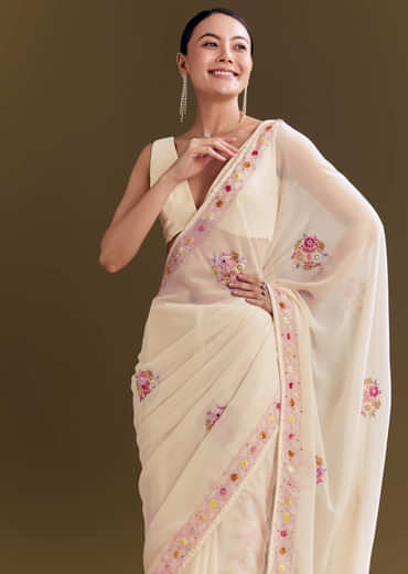 Off White Georgette Saree With Kashmiri Thread Buds