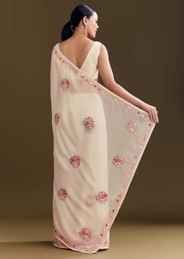 Off White Georgette Saree With Kashmiri Thread Buds