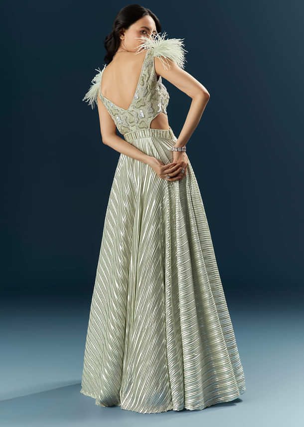 Off White Imported Lycra Bridal Gown With Heavy Embroidery And Feather Work