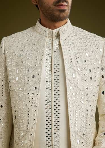 Off White Indo Western Set With Mirror And Thread Work On Silk