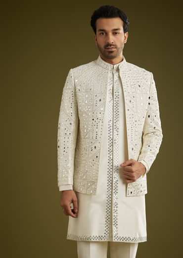 Off White Indo Western Set With Mirror And Thread Work On Silk
