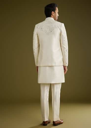 Off White Indo Western Set With Mirror And Thread Work On Silk