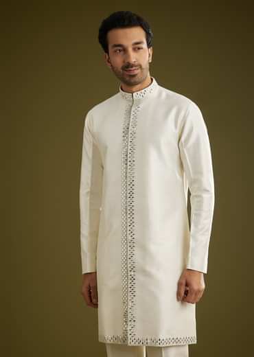 Off White Indo Western Set With Mirror And Thread Work On Silk